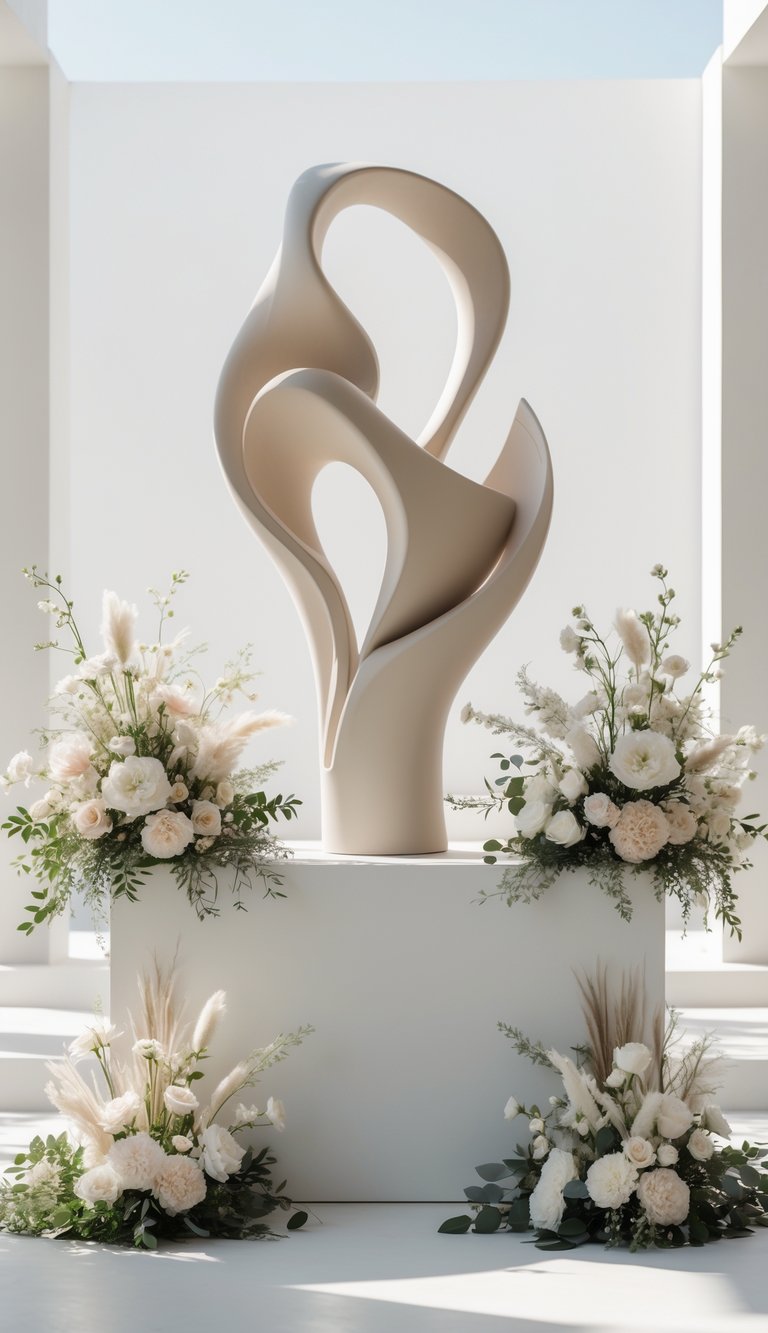 Wedding altar with an abstract sculpture centerpiece surrounded by floral decorations.